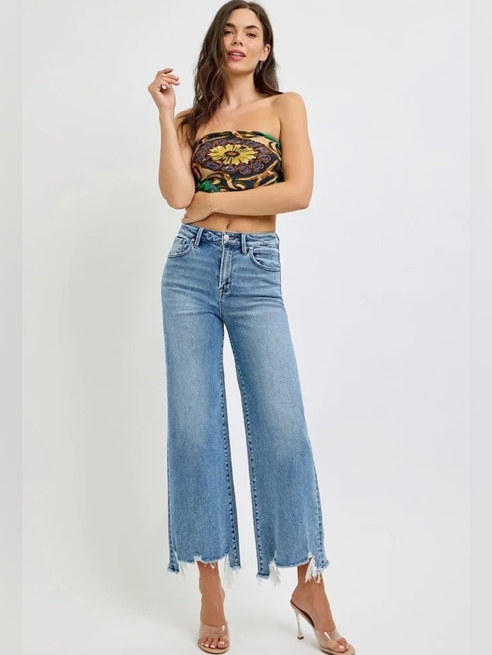 Risen Bobbie High Rise Step Hem Crop Wide Leg Jeans Medium Wash 30